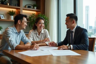 Couple francophone en réunion avec un conseiller juridique thaïlandais pour l'achat d'une maison en Thaïlande, documents de contrat immobilier sur la table
