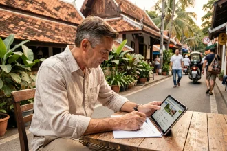 Un homme occidental consulte des annonces immobilières sur tablette dans un café en plein air à Chiang Mai, Thaïlande