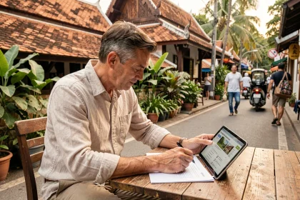 Un homme occidental consulte des annonces immobilières sur tablette dans un café en plein air à Chiang Mai, Thaïlande