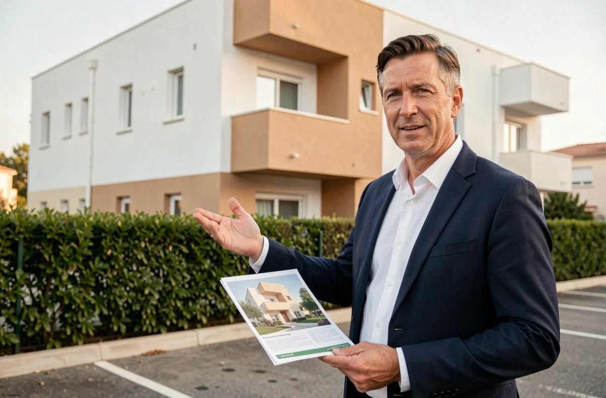 Agent immobilier présentant un appartement dans un quartier périphérique de Nîmes, offre immobilière accessible en banlieue
