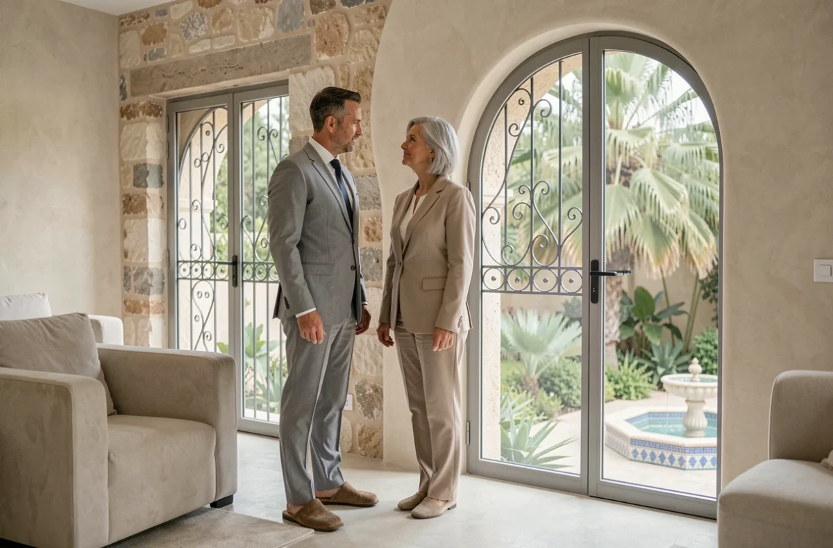 Agent immobilier présentant un appartement rénové à Marrakech à une femme retraitée devant une fenêtre en arc donnant sur un patio