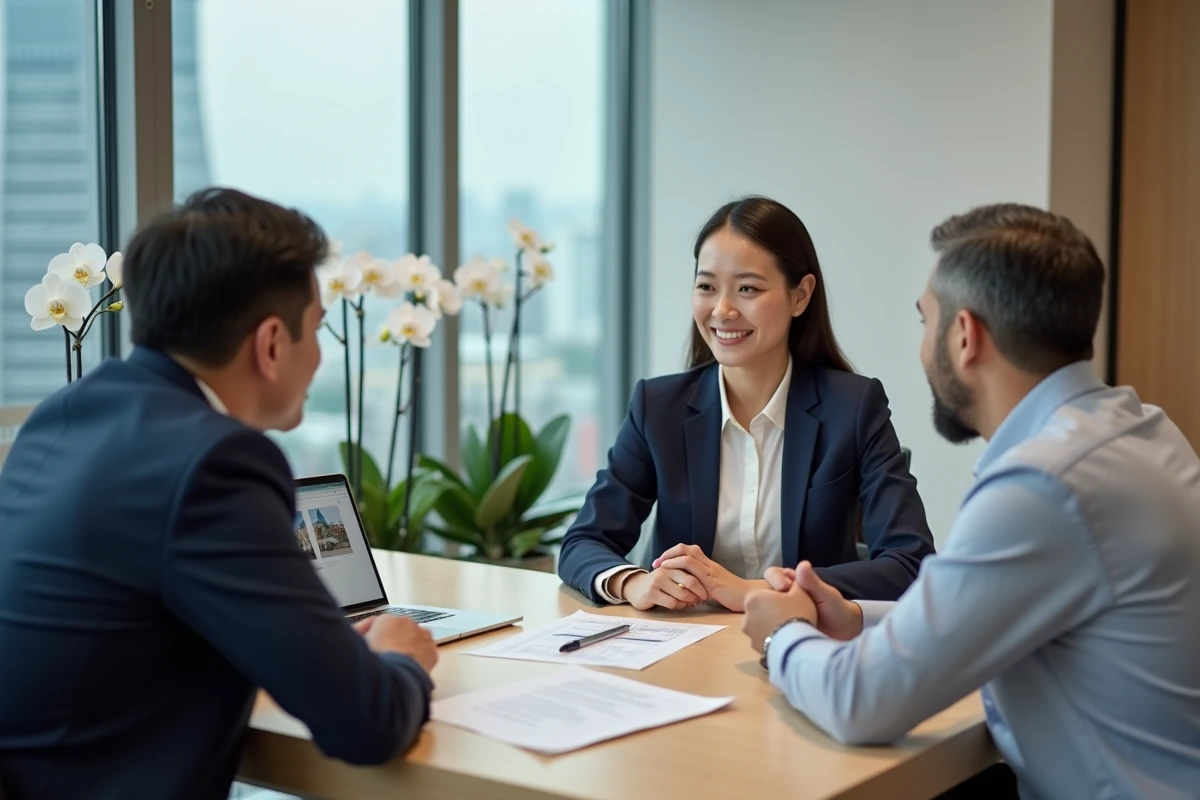 Agent immobilier thaïlandais conseillant un couple étranger dans une agence de Bangkok pour l'achat d'un condominium