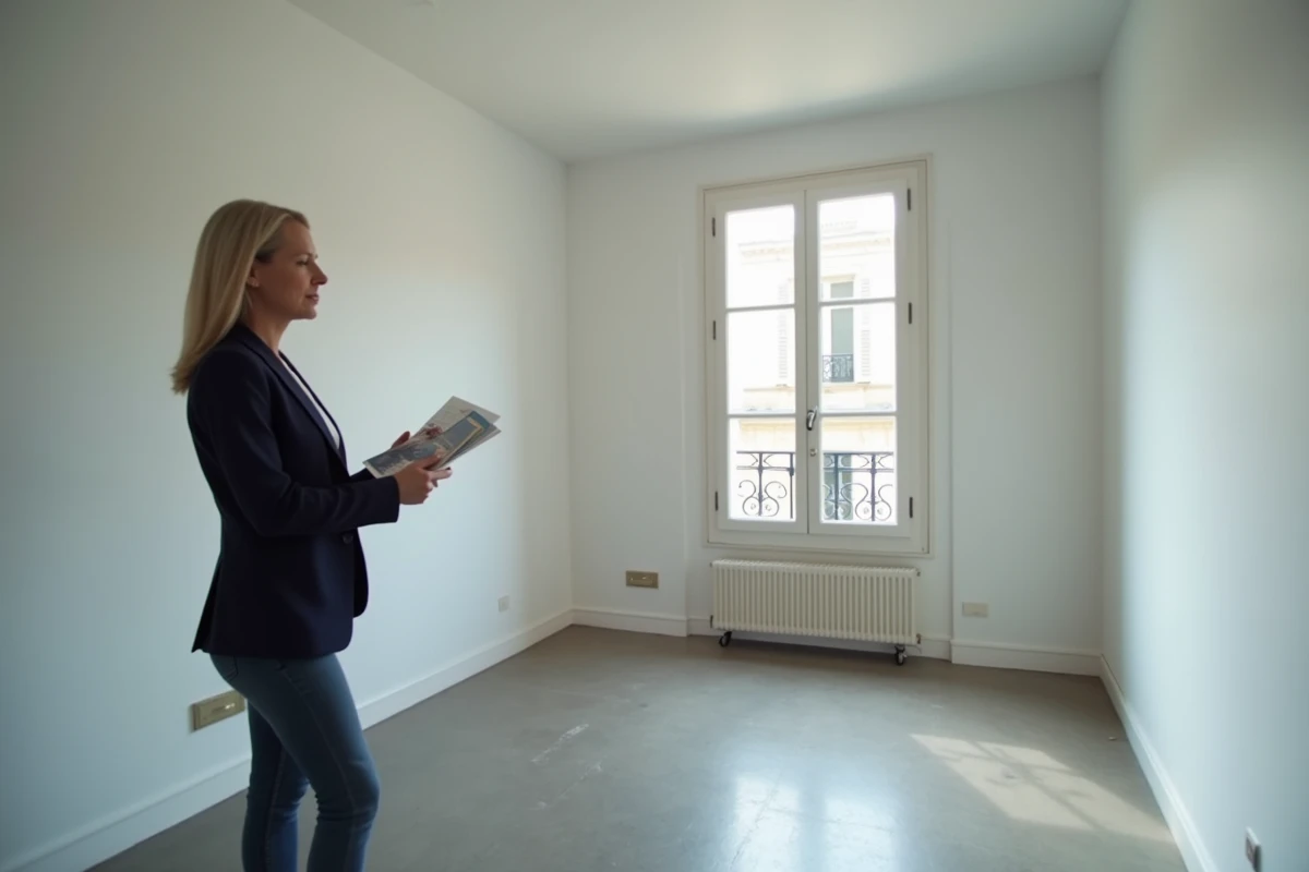 Agent immobilier expliquant la disposition des chambres d'un appartement T3