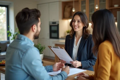 Femme agent immobilier avec un couple dans un appartement moderne