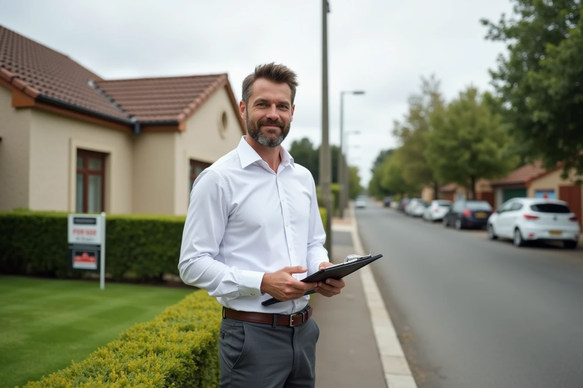 Agent immobilier devant une maison à vendre avec une fiche d'évaluation du bien immobilier