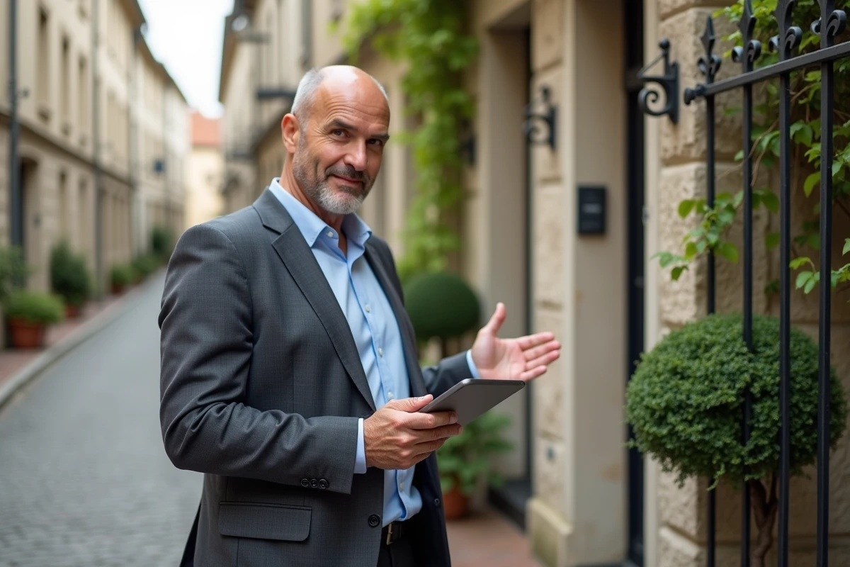 Agent immobilier devant maison en pierre en France