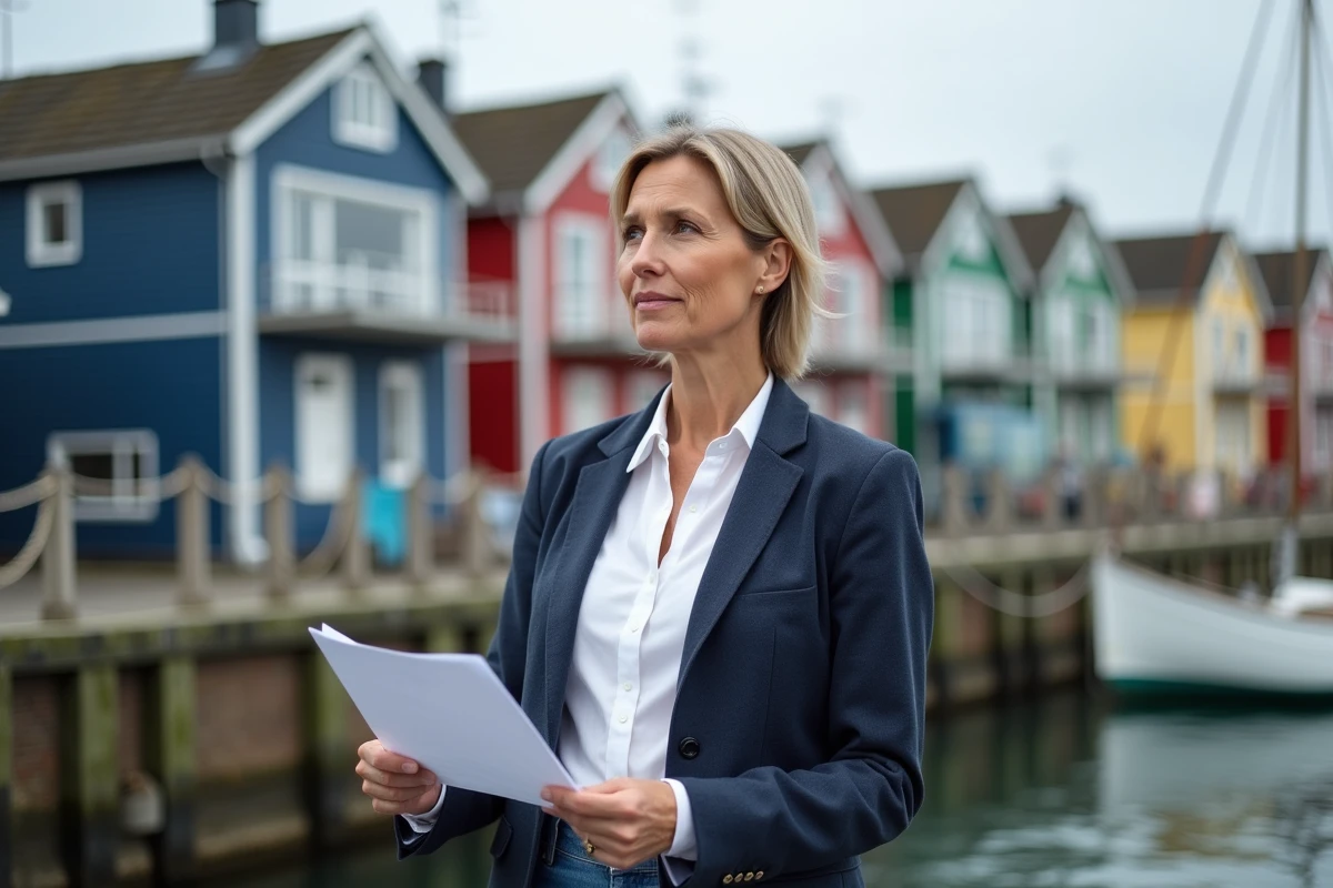 Agent immobilier tenant des documents devant une rangée de maisons de pêcheur à vendre sur un quai de port authentique