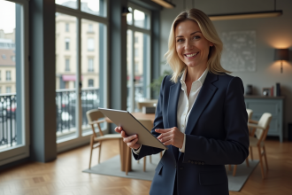 Agent immobilier femme souriante dans un appartement parisien