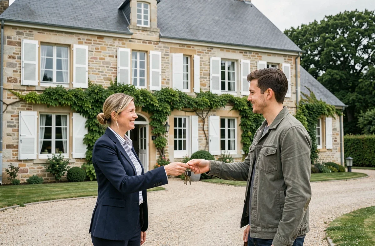 Agent immobilier remettant les clés d'une maison à louer dans l'Eure