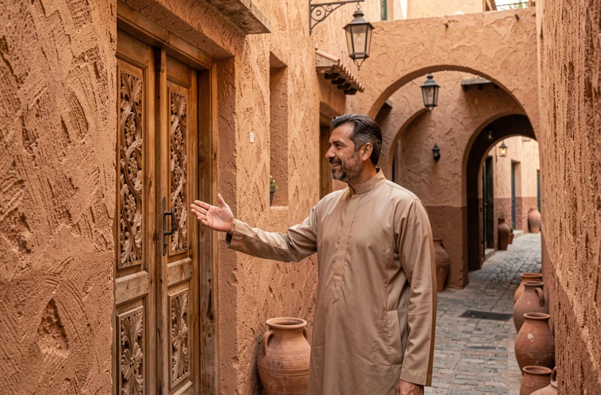 Agent immobilier présentant l'entrée d'un riad à vendre dans une ruelle de la médina de Marrakech