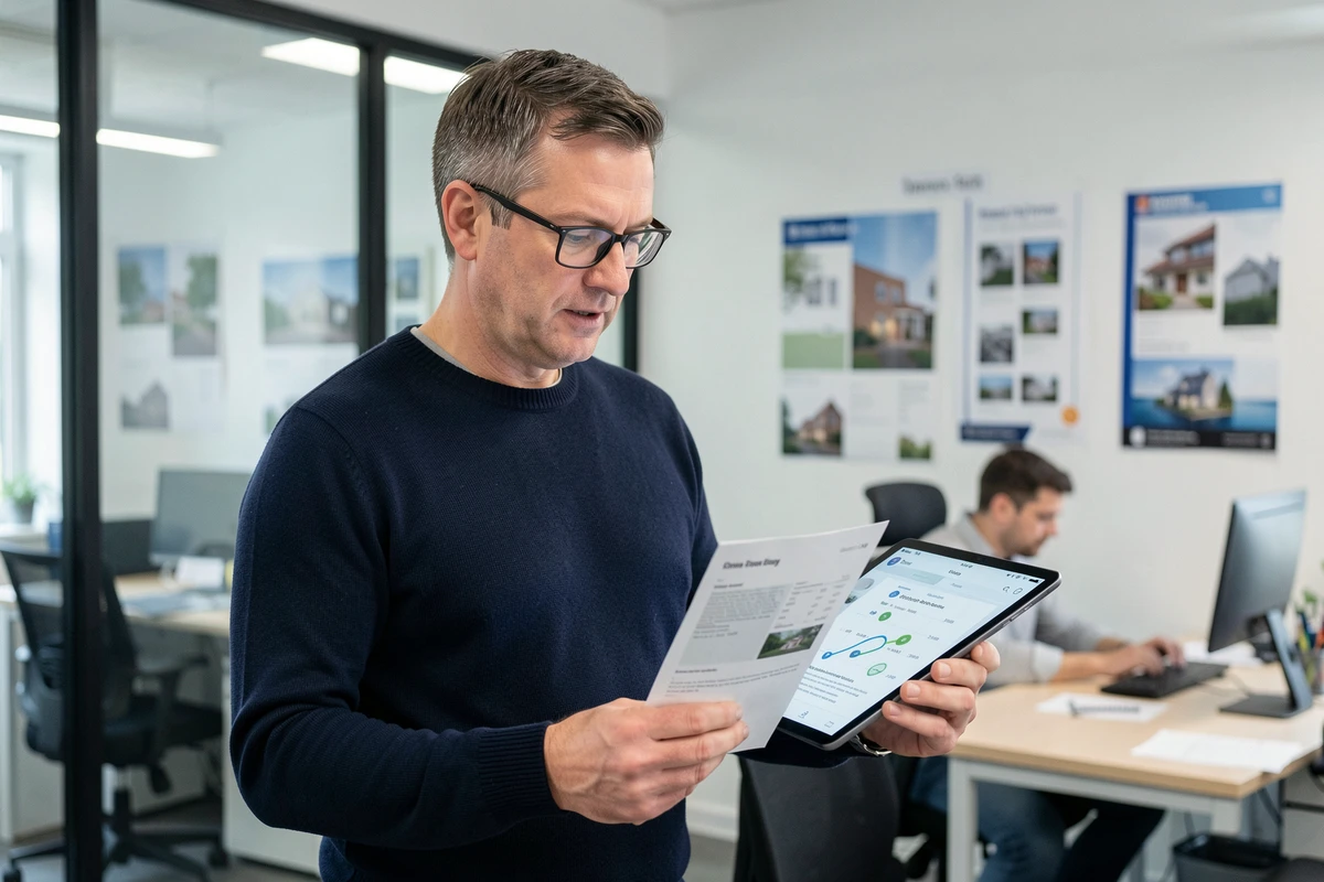 Agent immobilier ou client masculin consultant un outil de suivi numérique dans une agence immobilière