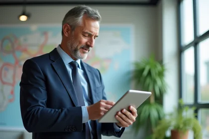 Agent immobilier en costume bleu étudiant une tablette en ville