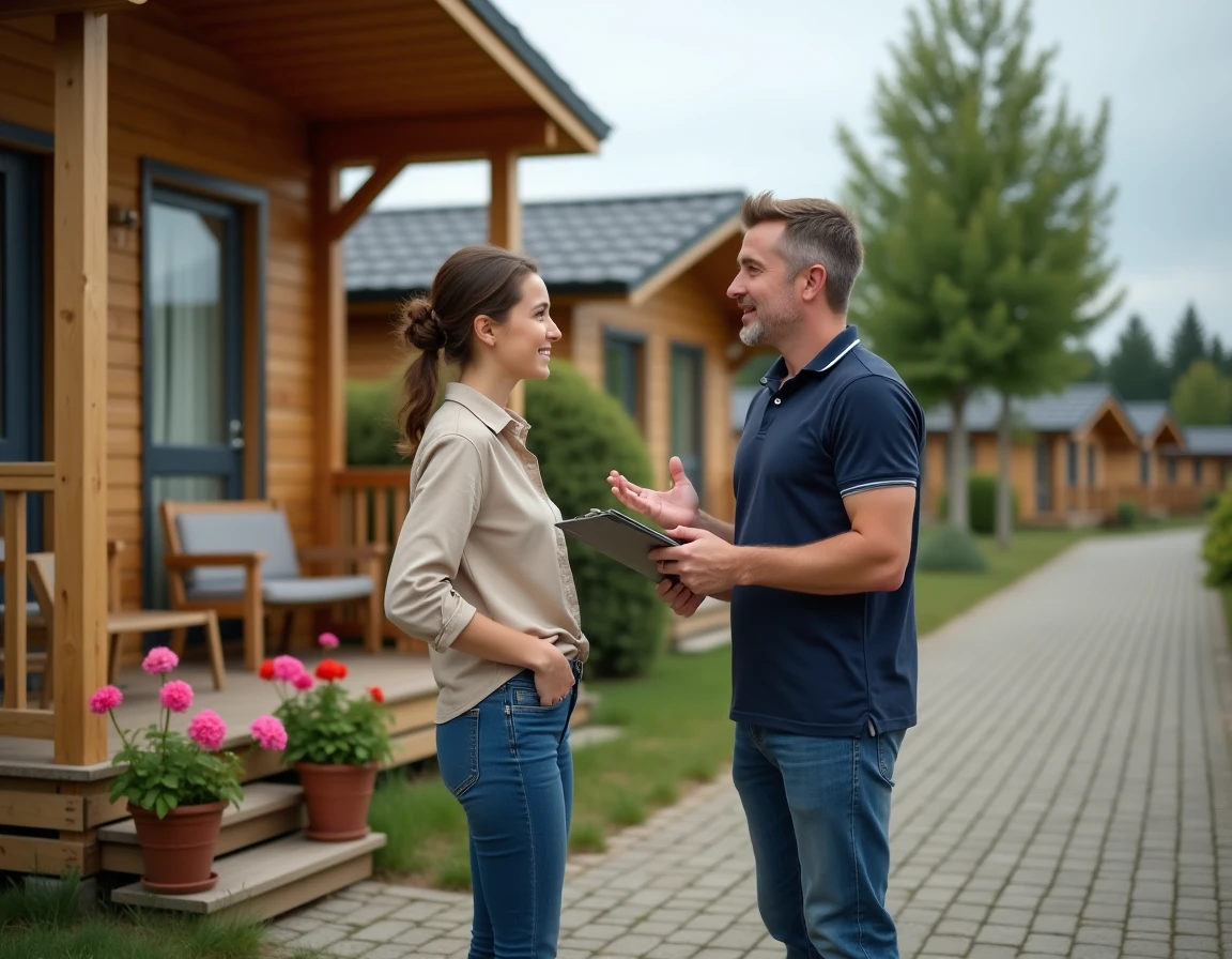Agent immobilier présentant un chalet à vendre dans un camping permanent en Vendée