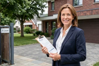 Agente immobilière souriante tenant un dossier de location devant une maison individuelle avec panneau À Louer