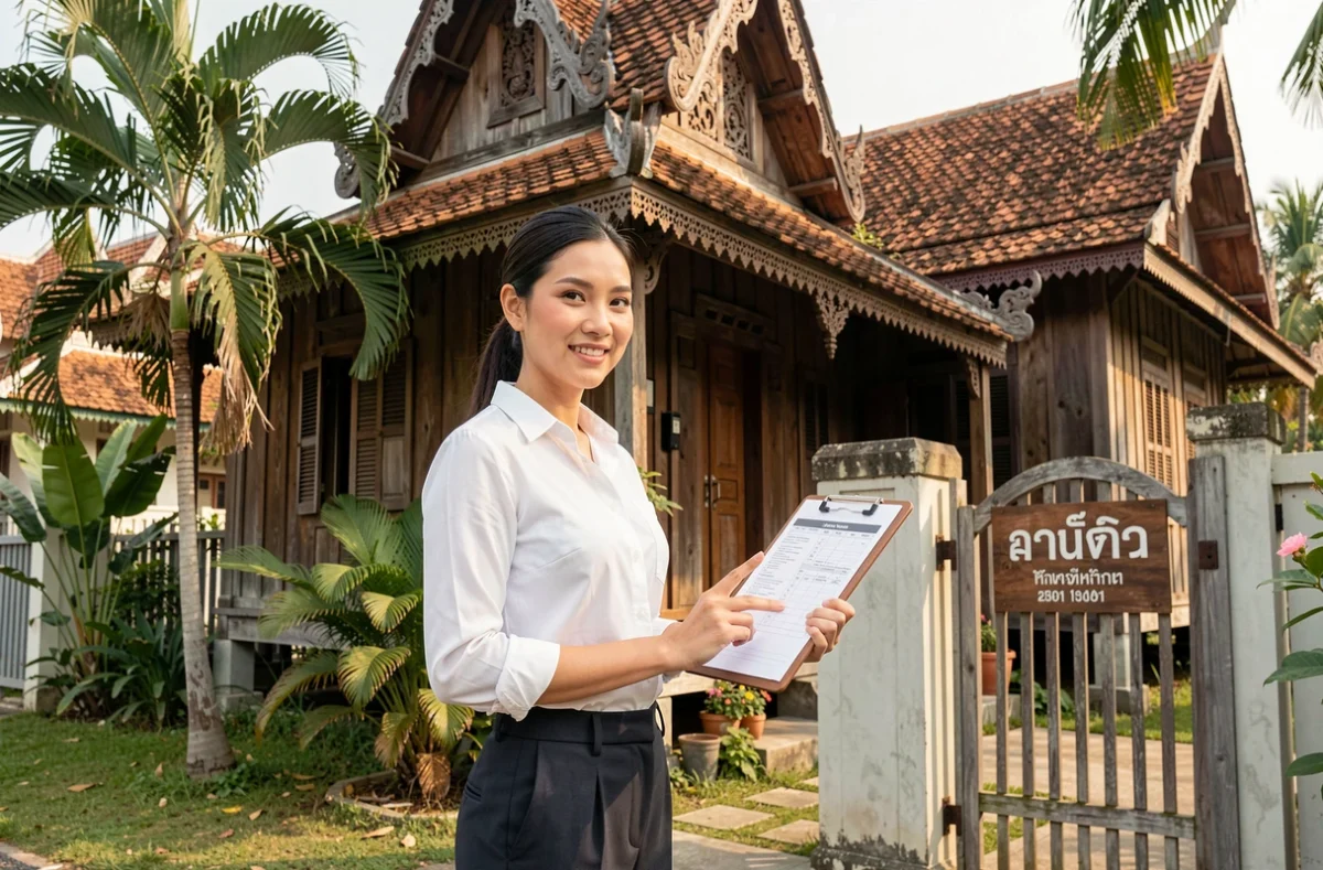 Une agente immobilière thaïlandaise présente une maison traditionnelle à vendre dans un quartier résidentiel près de Bangkok