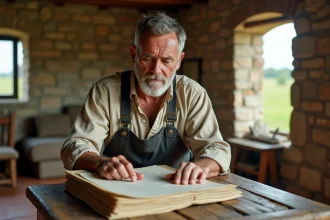 Agriculteur français examinant attentivement un bail rural à la table d'une ferme en pierre