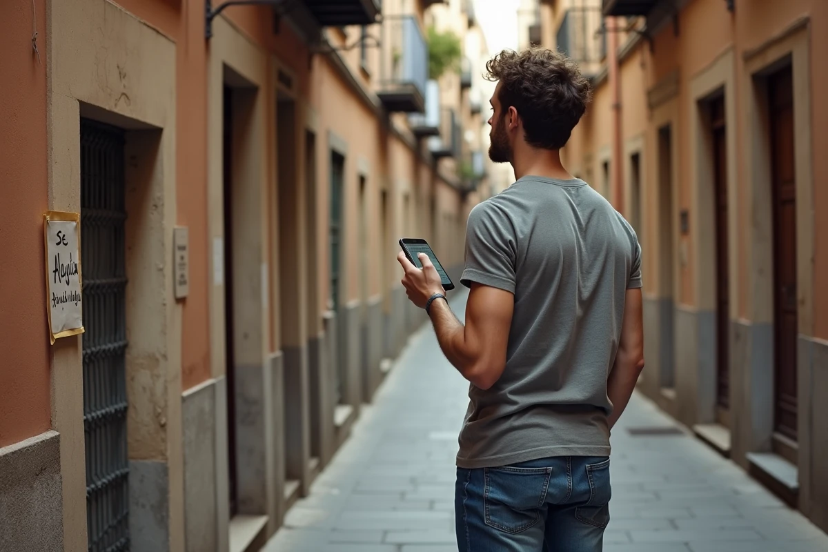 Homme examinant une annonce de location suspecte dans une rue de Barcelone