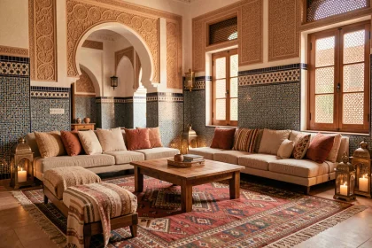 Salon d'un appartement moderne à Marrakech avec décoration intérieure marocaine traditionnelle, idéal pour la location saisonnière