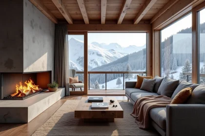 Salon d'un appartement à vendre aux Menuires avec vue panoramique sur les pistes enneigées et décoration chalet authentique