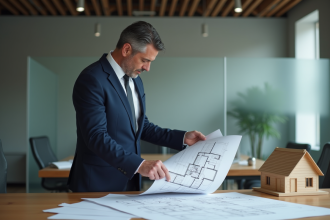 Architecte homme examinant des plans dans un bureau moderne