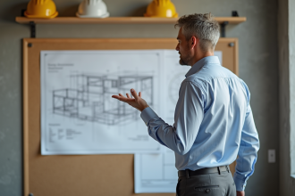 Architecte expliquant plans dans un bureau de chantier