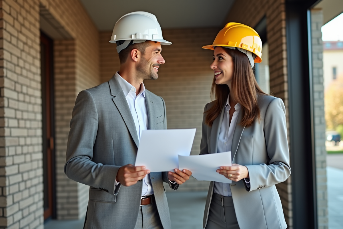 Jeune architecte avec casque discute à l