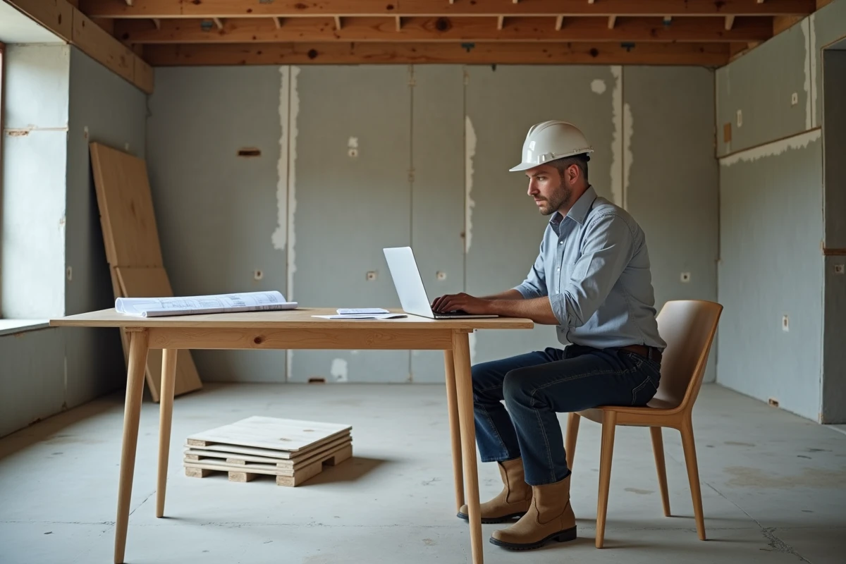 Artisan consultant un devis de rénovation sur chantier avec plans et échantillons de matériaux