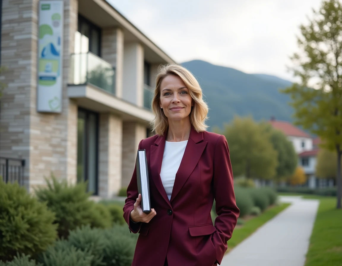 Promotrice immobilière d'Auril devant une résidence neuve référencée en Isère, illustrant le positionnement local et professionnel de l'entreprise.