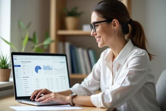 Bailleresse consultant le suivi des loyers en ligne sur un tableau de bord de gestion locative depuis son bureau à domicile