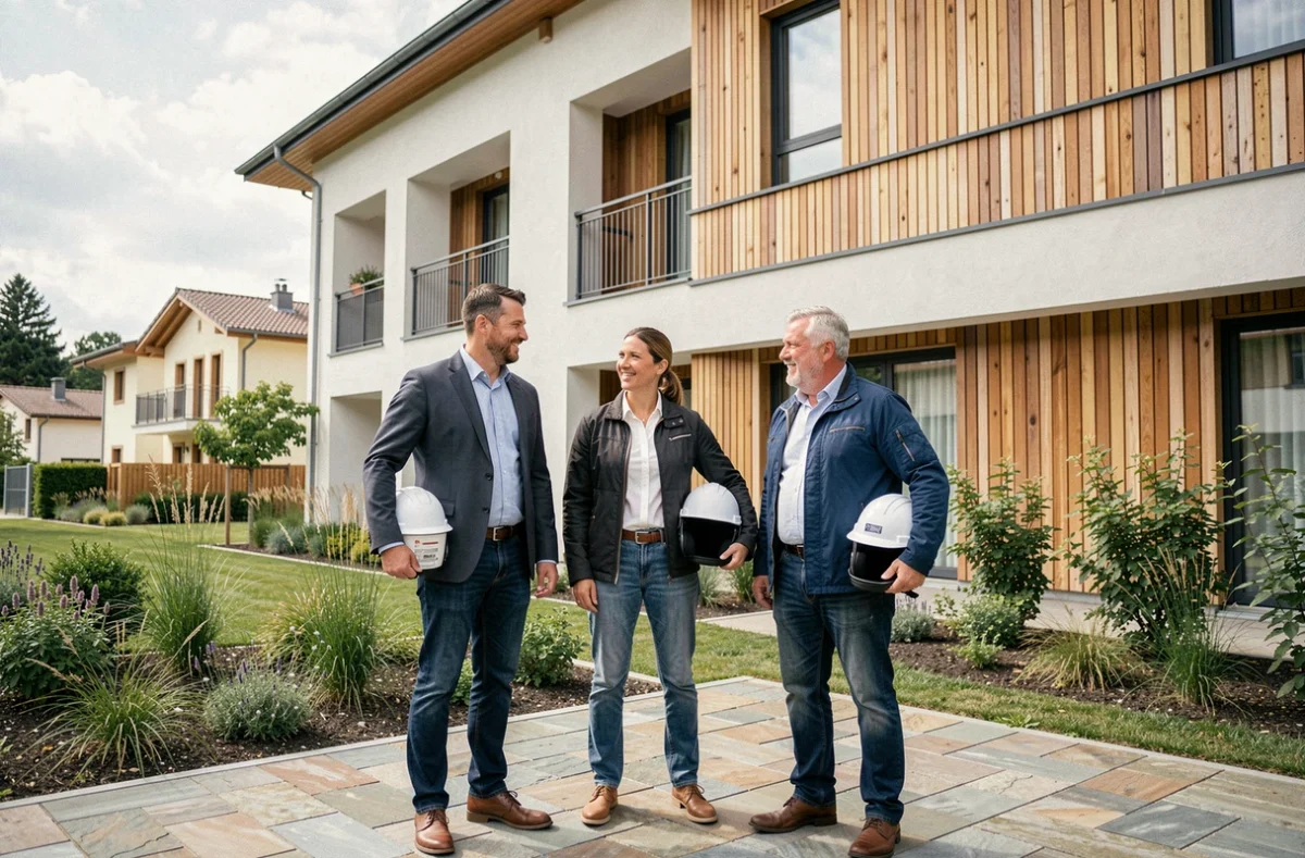 Petite équipe de promotion immobilière à taille humaine devant une résidence neuve en Isère, représentant Bourget Habitat et son ancrage local.
