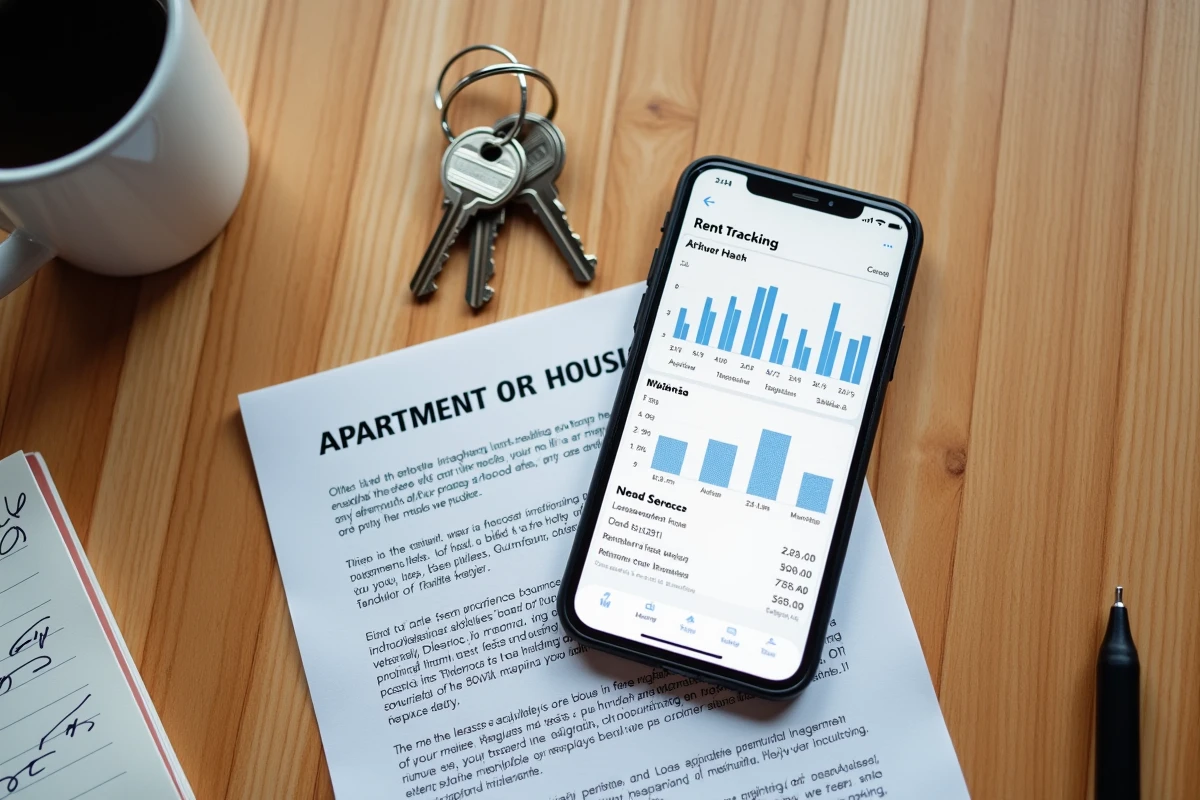 Vue de dessus d'un bureau de bailleur avec smartphone affichant une application de gestion locative, clés d'appartement et contrat de bail