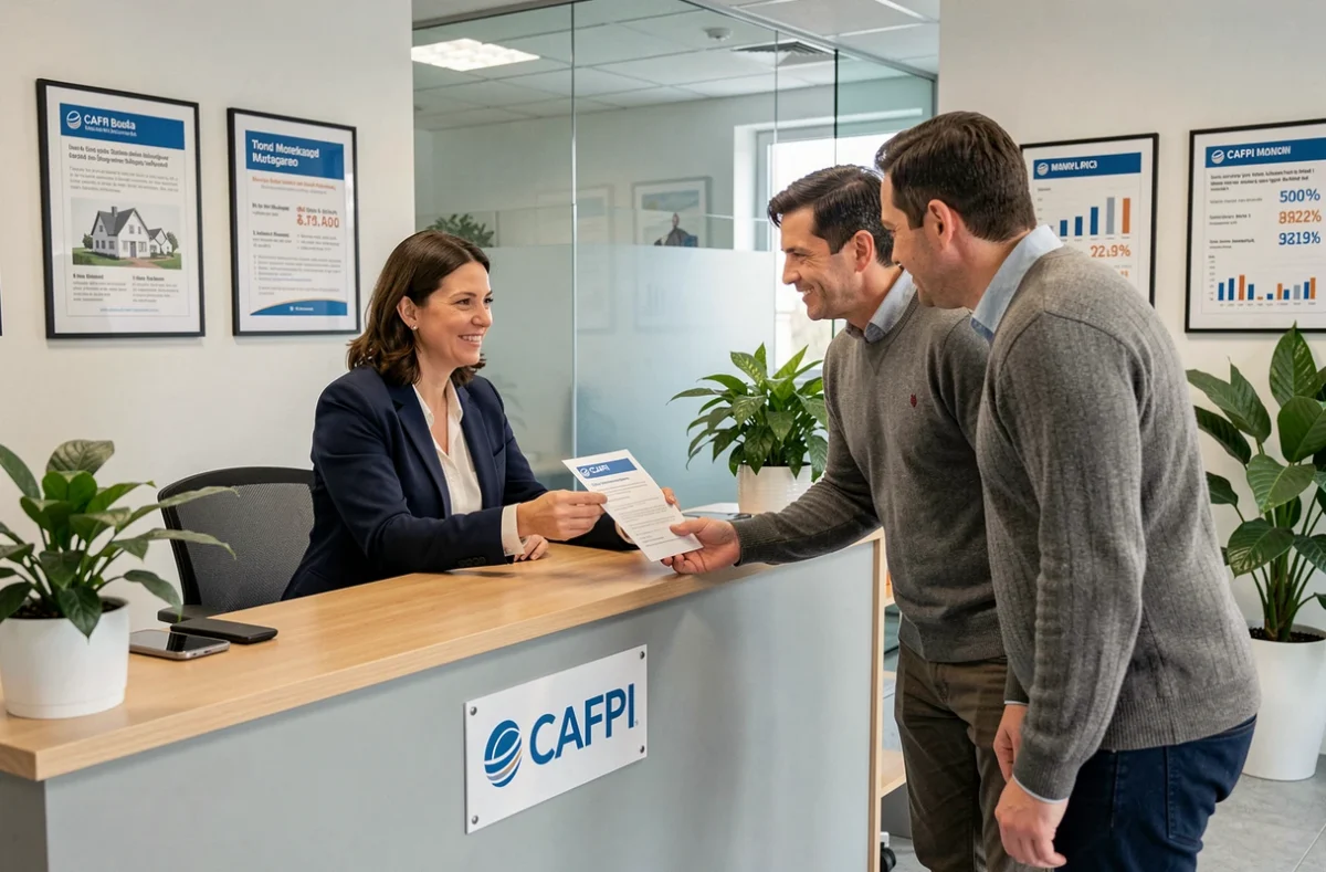Conseillère CAFPI Metz remettant une simulation de prêt immobilier à un couple de clients dans un bureau professionnel