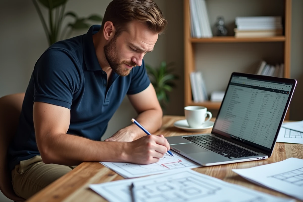 Homme calculant des mètres carrés à la main sur papier quadrillé avec un outil en ligne sur ordinateur portable
