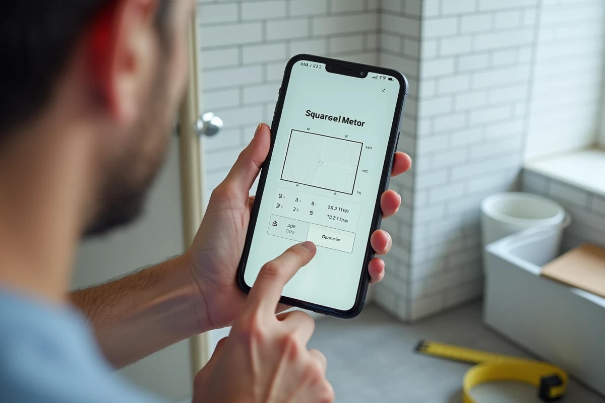 Smartphone affichant un calculateur de mètres carrés en ligne dans une salle de bain en rénovation