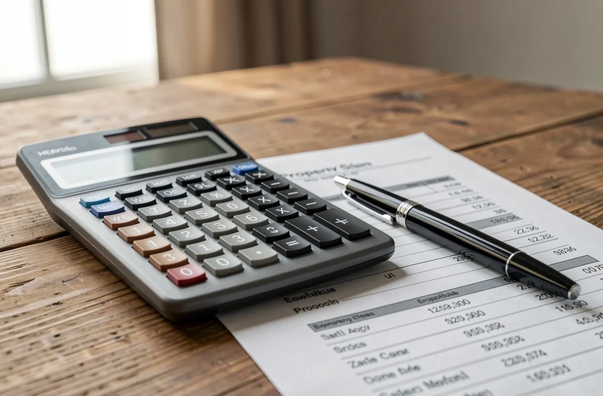 Calculatrice et feuille de prix posées sur une table pour calculer le net vendeur