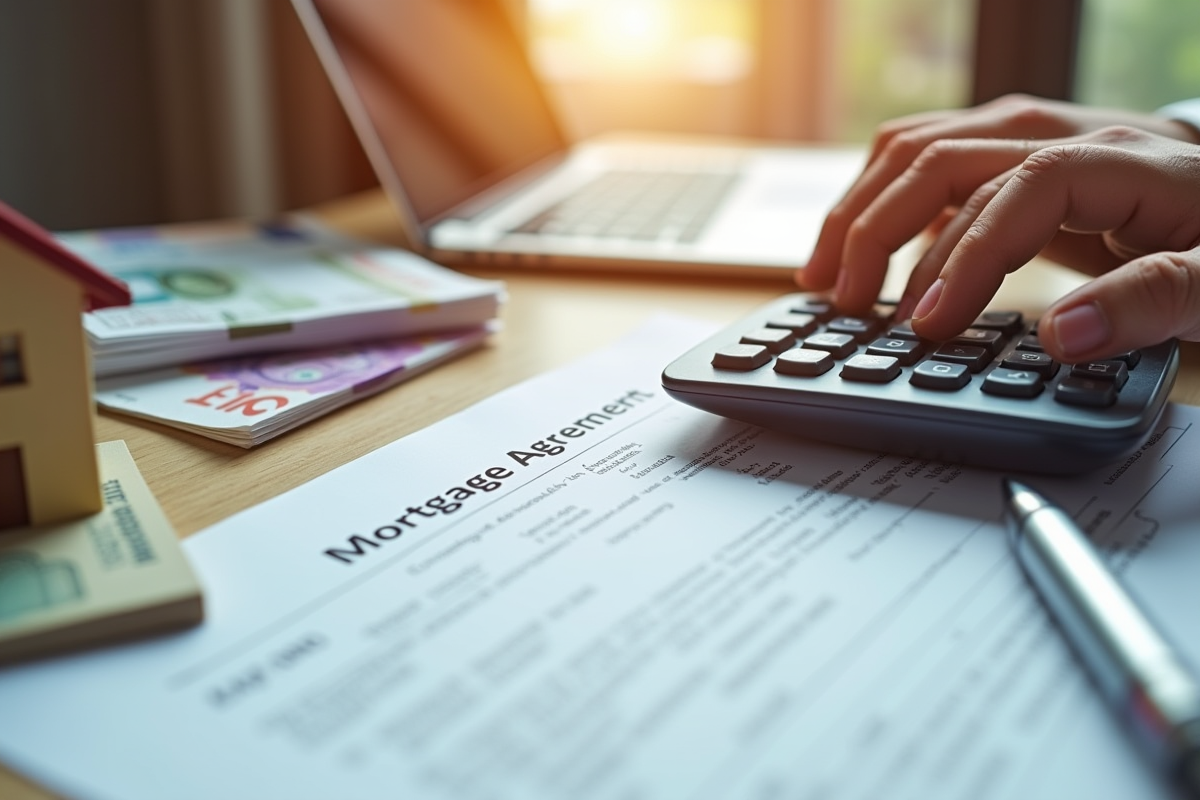 Main utilisant une calculatrice sur un contrat de prêt immobilier