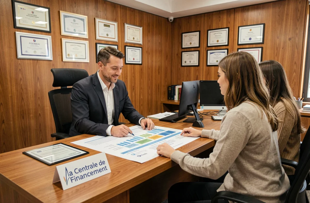 Conseiller La Centrale de Financement Metz expliquant un plan de financement immobilier à un jeune couple dans un bureau chaleureux