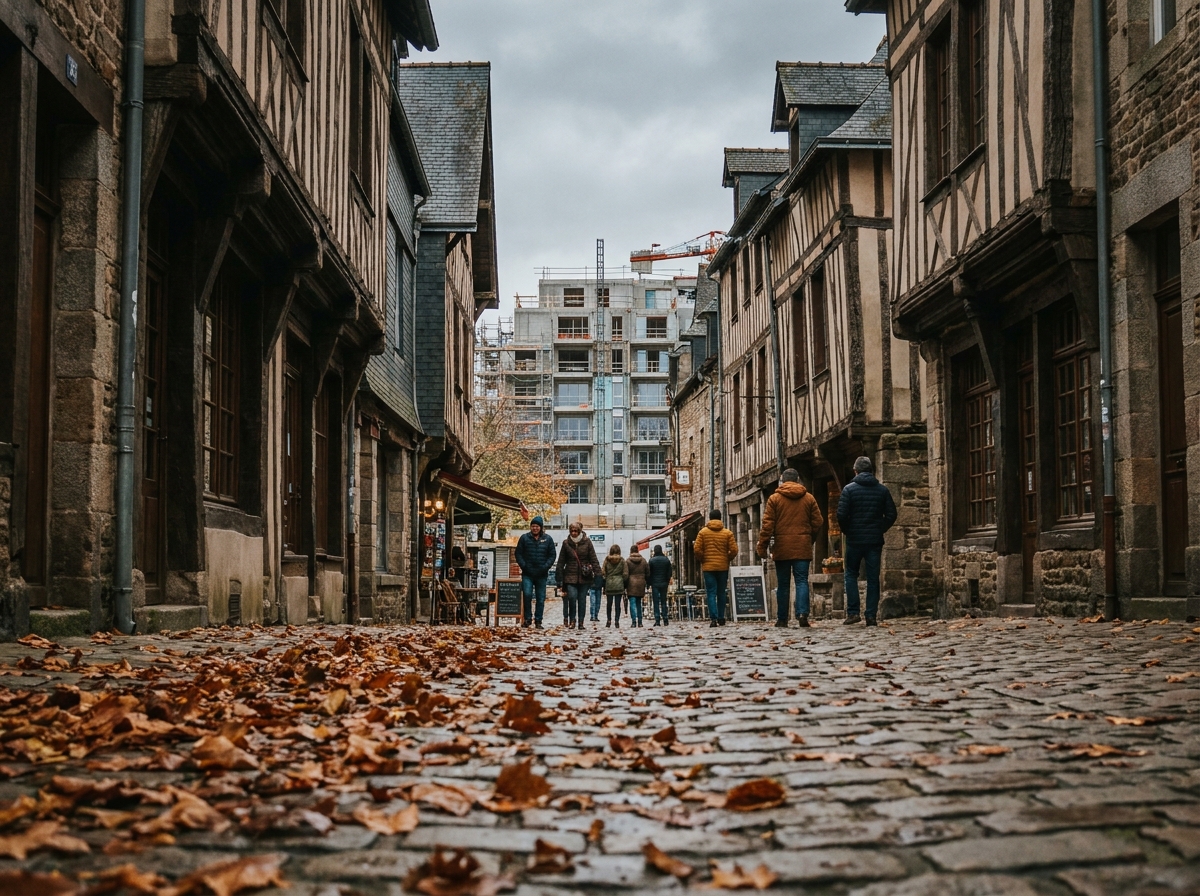 Centre historique de Dinan avec patrimoine médiéval et construction immobilière neuve en arrière-plan