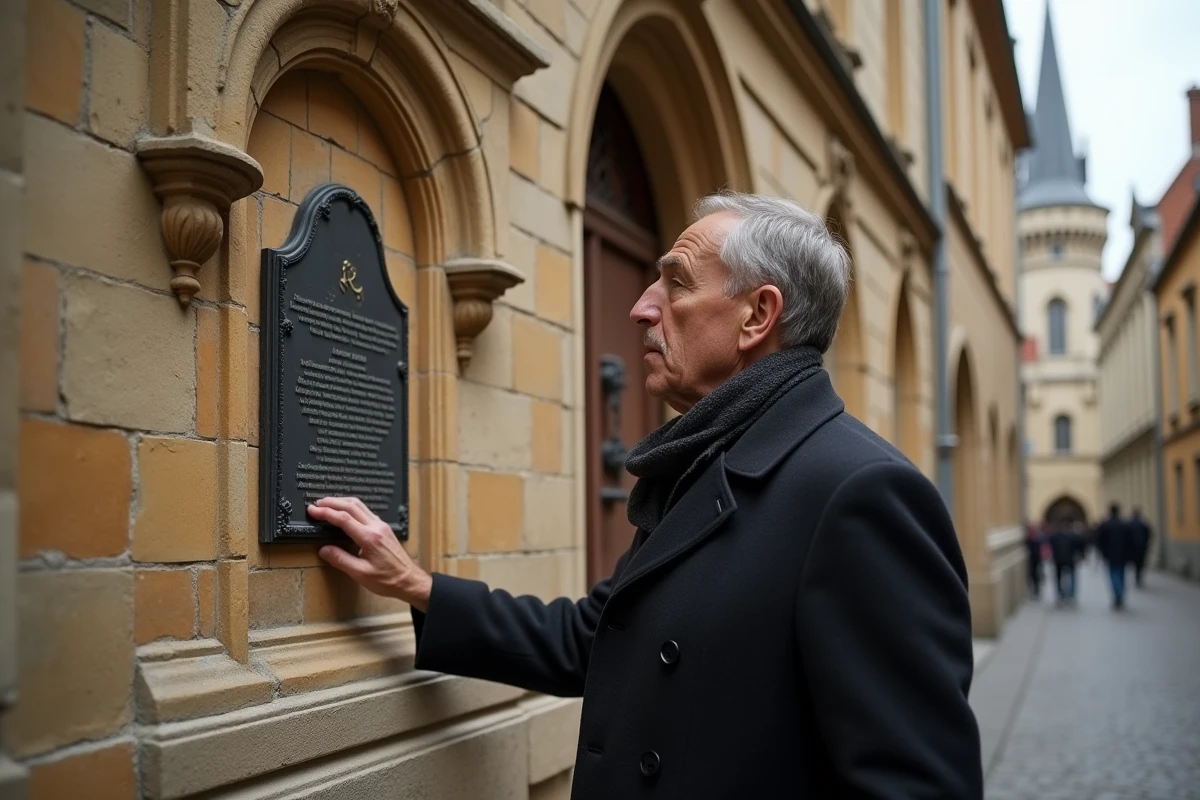 Homme en manteau devant une façade gothique en grès dans le centre-ville historique de Metz