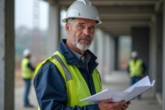 Chef de chantier en veste réfléchissante examine des plans
