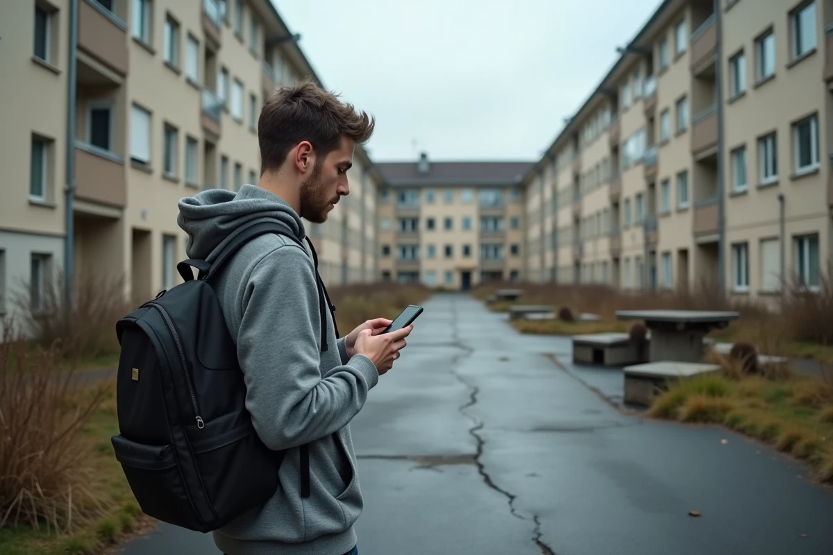 Jeune homme étudiant consultant son téléphone à l'entrée d'une cité dégradée à Champs-sur-Marne, ambiance urbaine défavorisée