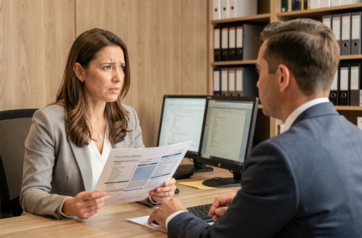 Cliente discutant d'un contrat d'assurance Socorpi avec un conseiller professionnel dans un bureau moderne