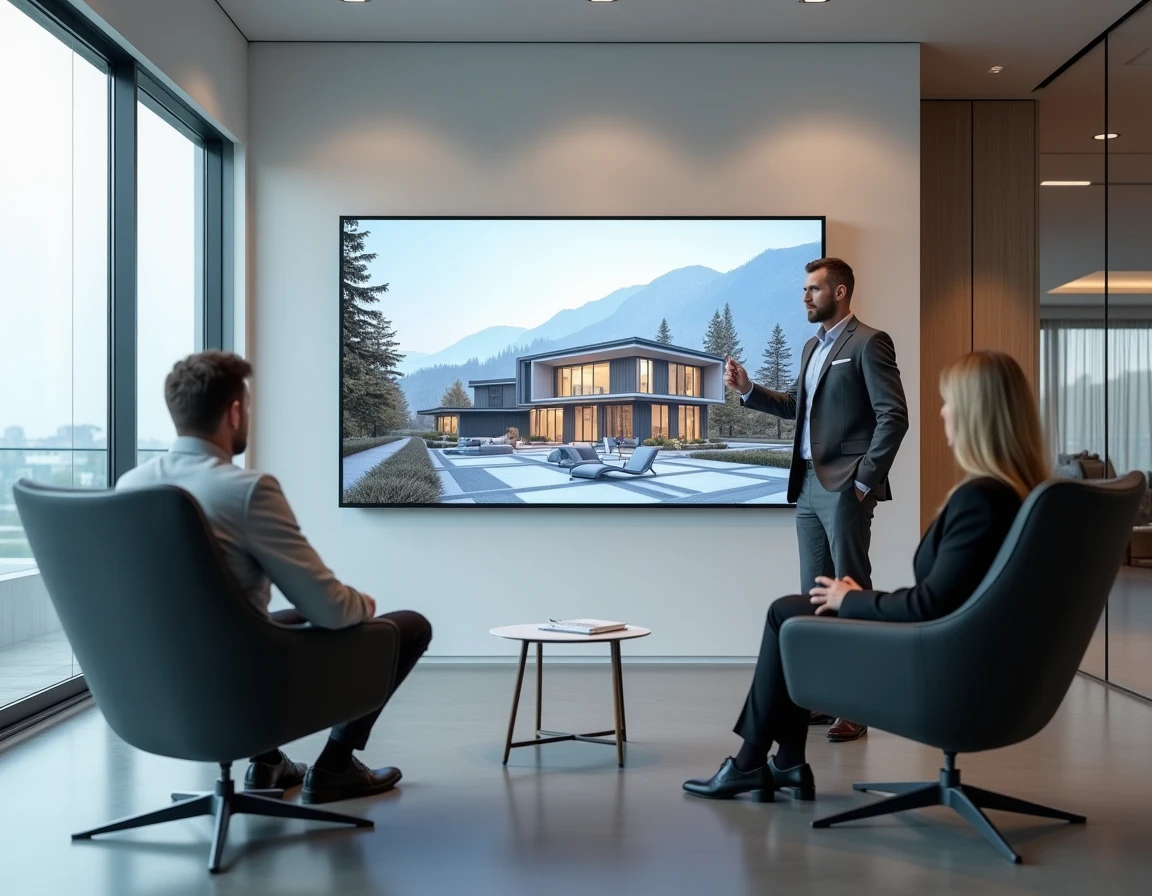 Conseiller commercial du groupe Cogedim présentant des programmes résidentiels neufs sur écran interactif dans une agence moderne à Grenoble.
