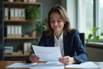 Femme tenant des documents de commission d'attribution de logement social dans un bureau administratif