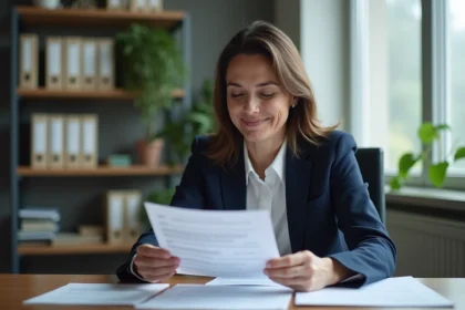 Femme tenant des documents de commission d'attribution de logement social dans un bureau administratif