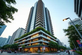 Tour de condominium moderne à Bangkok avec balcons et vue sur les gratte-ciels de la ville