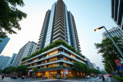 Tour de condominium moderne à Bangkok avec balcons et vue sur les gratte-ciels de la ville