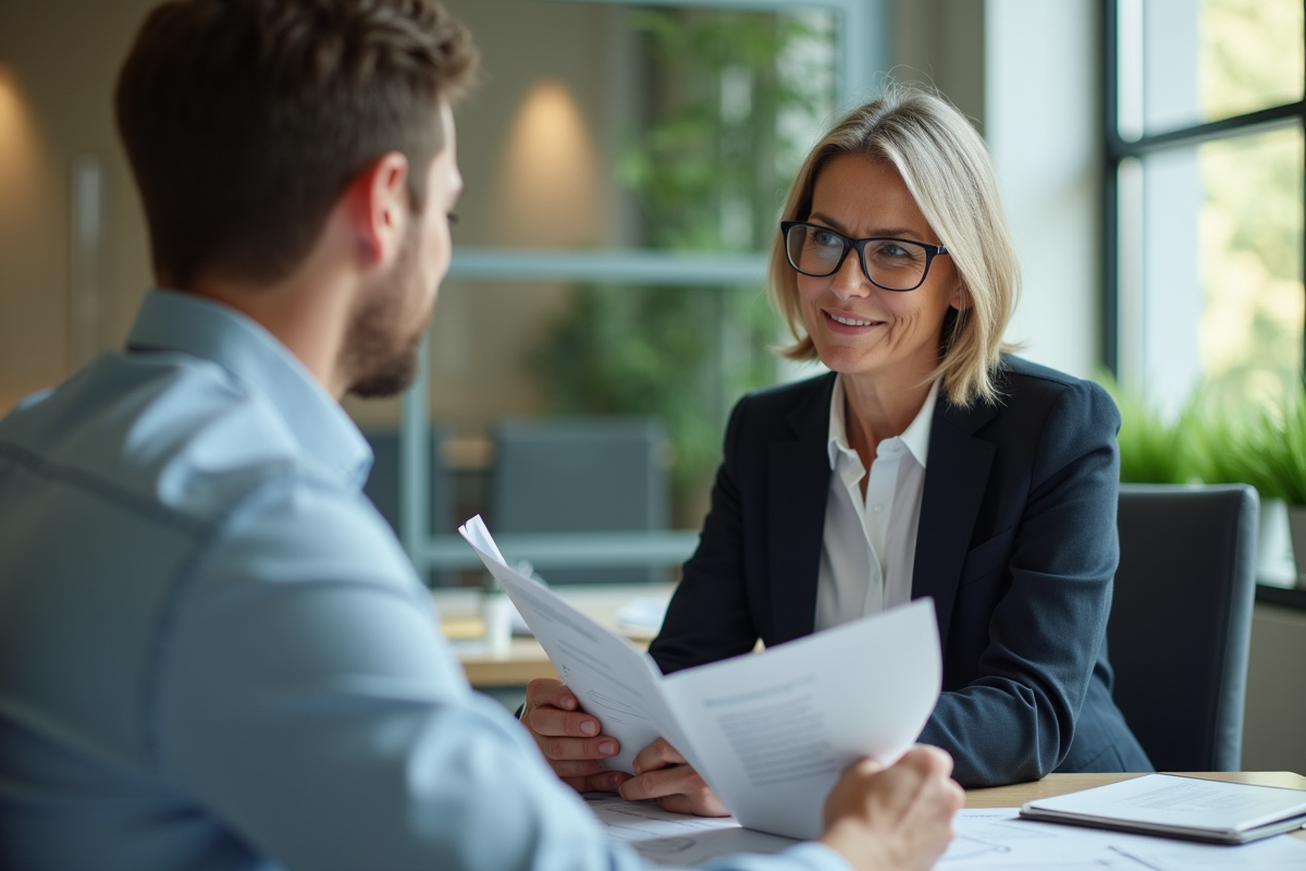 Conseillère financière présente un brochure à un client au bureau