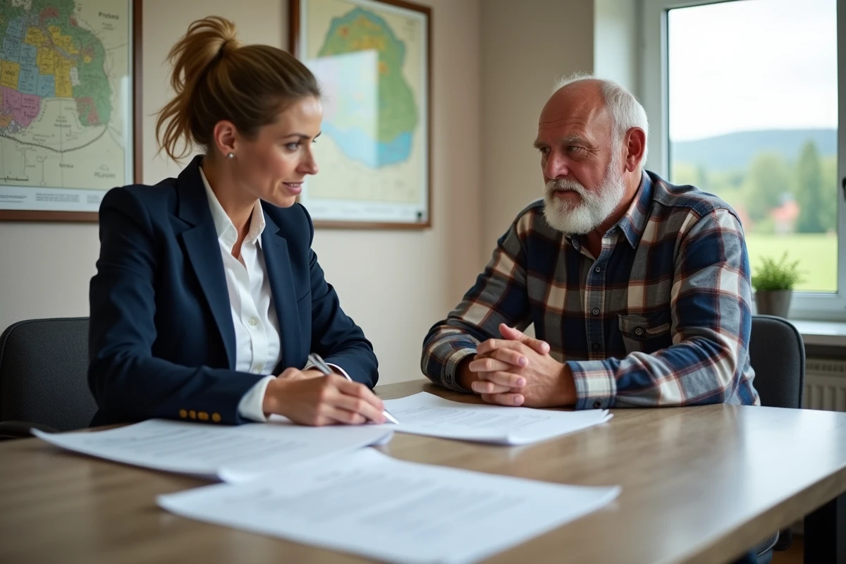 Conseillère juridique agricole et fermier discutant des clauses d'un bail rural dans un bureau de notaire rural