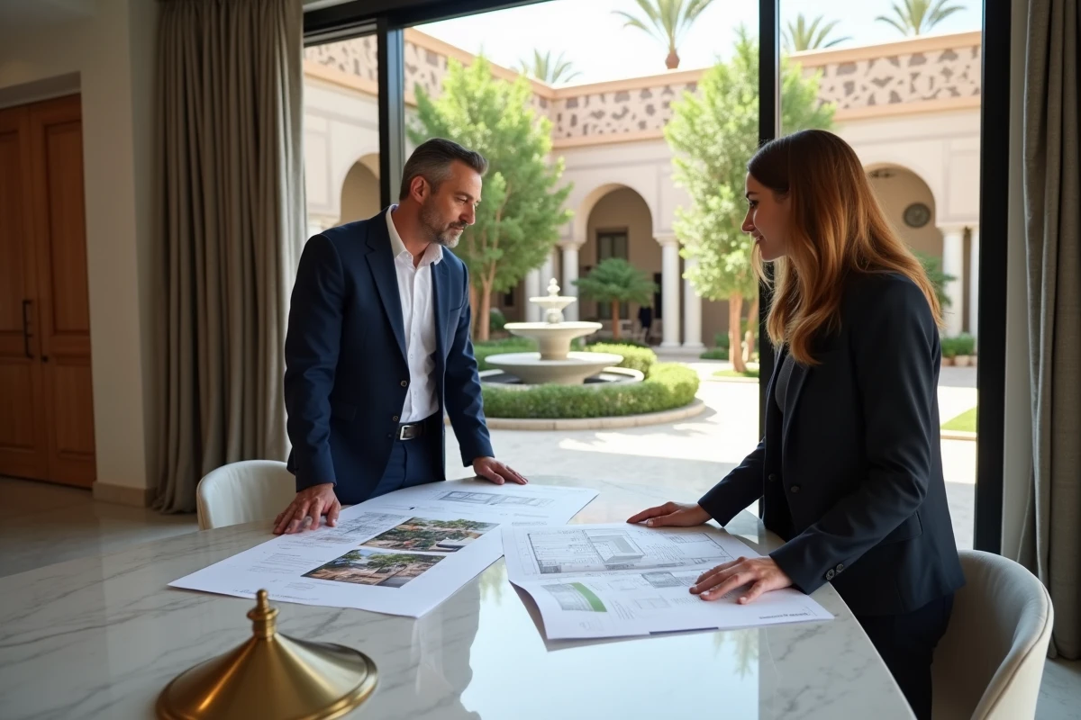 Consultation immobilière de luxe dans un appartement haut de gamme à Marrakech avec vue sur patio andalou